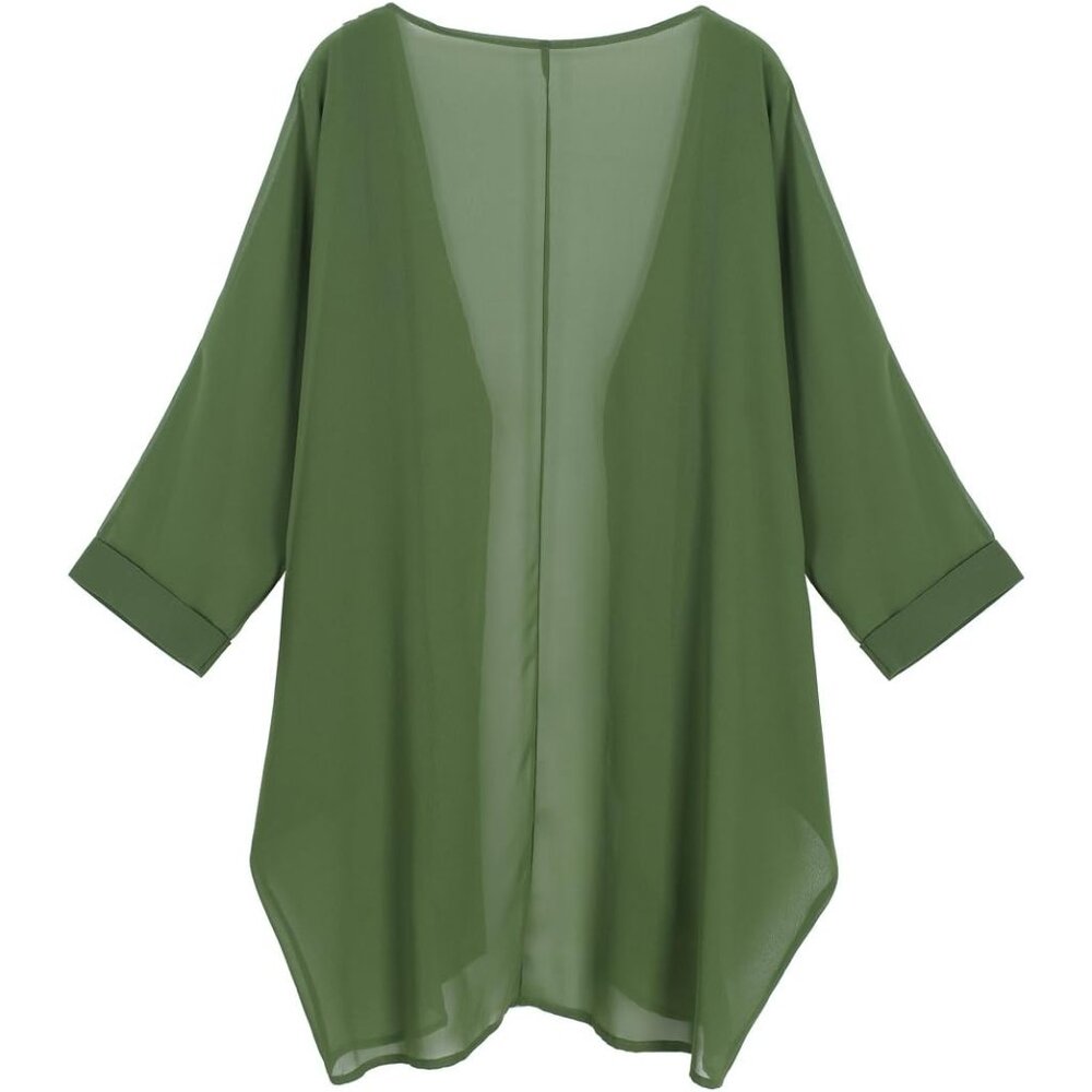 Women's Floral Print Sheer Chiffon 3/4 Bat Sleeve Casual Loose Kimono Cardigan C - Picture 2 of 5